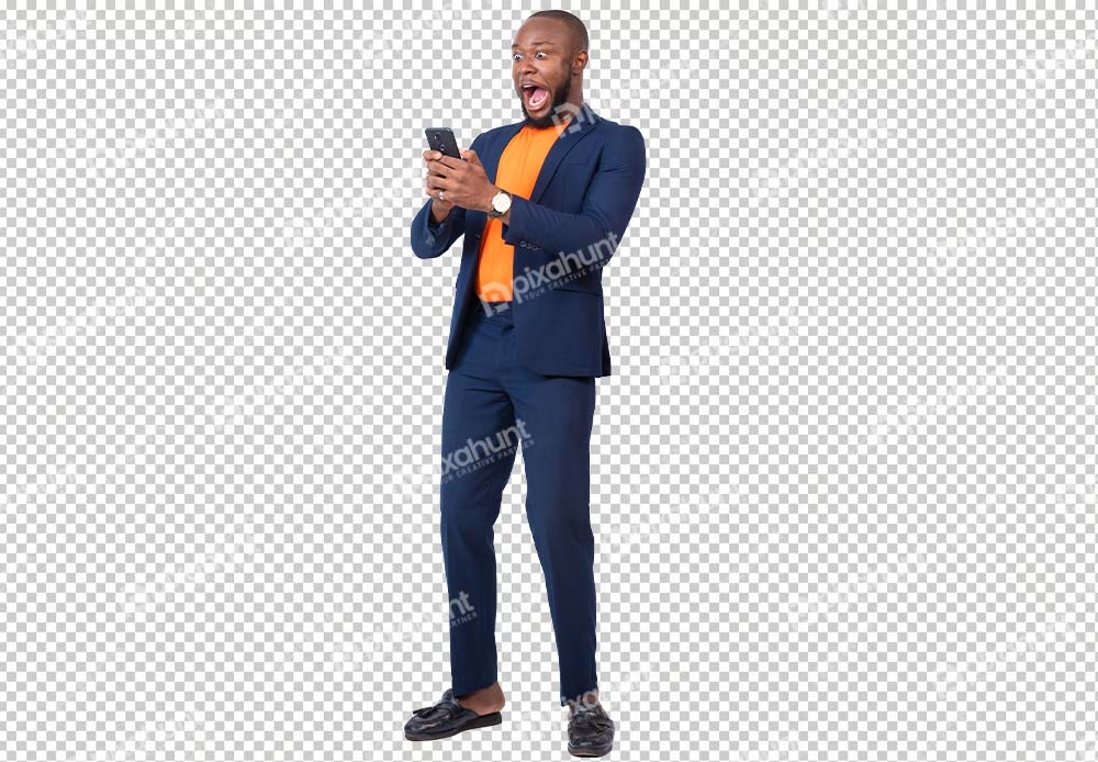Free Download Premium PNG | Young businessman Surprised while looking at his phone transparent background | Businessman Celebrating
