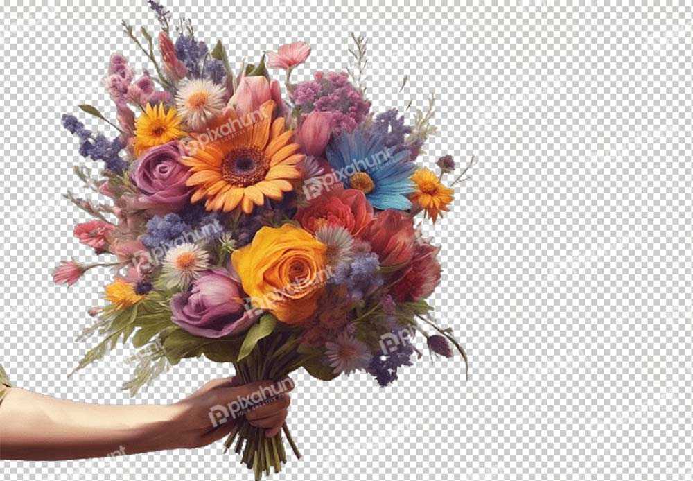 Free Download Premium PNG | Bouquet of Mixed Colourful Flowers | female hand holding a beautiful colorful flower bouquet