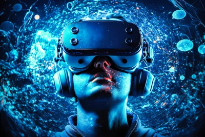 Person dons VR goggles entering a captivating blue virtual technology world filled with endless possibilities and experiences
