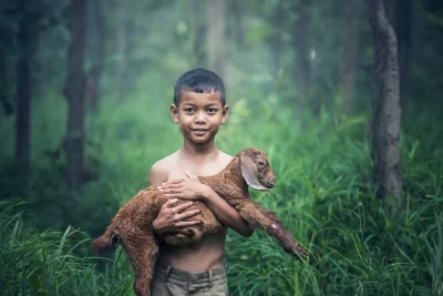 Portrait of a young boy holding a goat in his arms