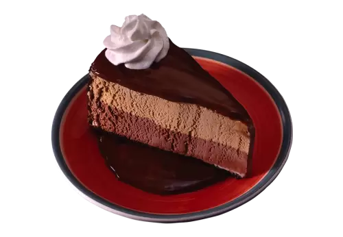 A slice of chocolate caramel cake in a  transparent background