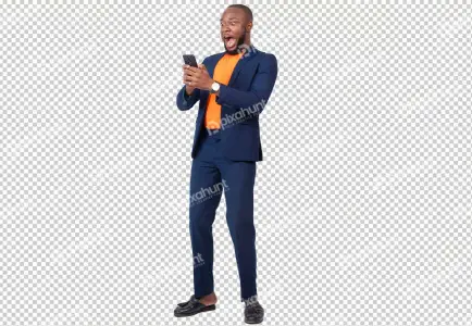 Young businessman Surprised while looking at his phone transparent background | Businessman Celebrating
