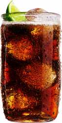 A close-up glass of Coca-Cola with ice and lemon